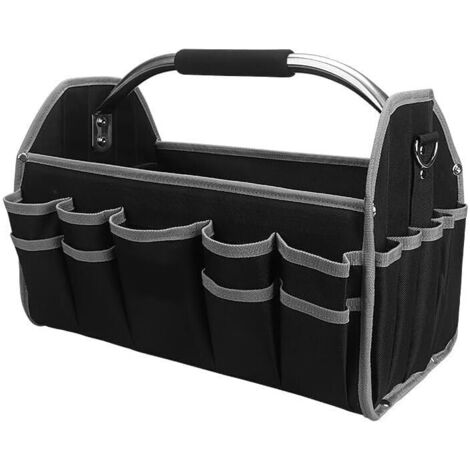 Sac à Outils 16 Poches Renforcé 600D Électricien Poignée Acier Bandoulière Gris
