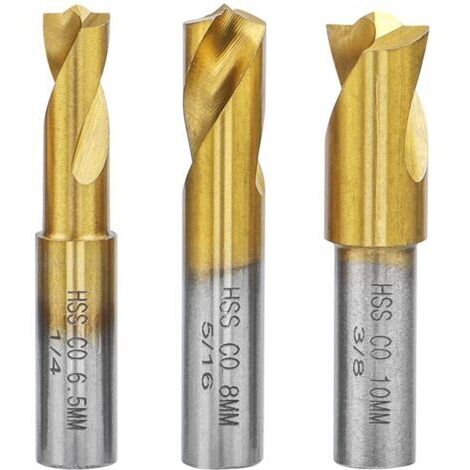 Lot de 3 forets à souder – fraise à dépointer en acier rapide (HSS) avec revêtement titane pour enlèvement des joints de soudure sur tôle (6,5 mm / 8 mm / 10 mm) (1/4)