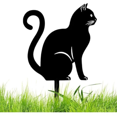 Statue de chat en métal mignon 26/30 cm, poteau en fer, chat noir, décoration de jardin en métal, statue d'animal creuse, décoration extérieure pour pelouse - C