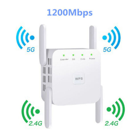 Répéteur Wi-Fi puissant 1 200 Mbps, amplificateur Wi-Fi sans fil, extension de portée, double bande 5 GHz et 2,4 GHz, compatible avec les points d'accès/routeurs/ponts, port Ethernet, compatible avec (1/4)