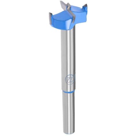 Foret Fossner 22 mm, foret en carbure de tungstène, adapté au perçage d'ouvertures pour le travail du bois et de trous pour charnières (bleu, gris). (1/4)