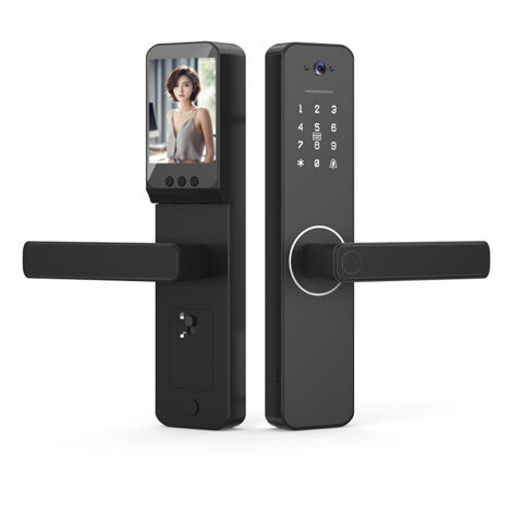 Serrure intelligente avec caméra grand angle 120° et sonnette intelligente Serrure de porte d'entrée sans clé Serrure de porte biométrique TY App Fonctionnement à distance WiFi 35-60 mm