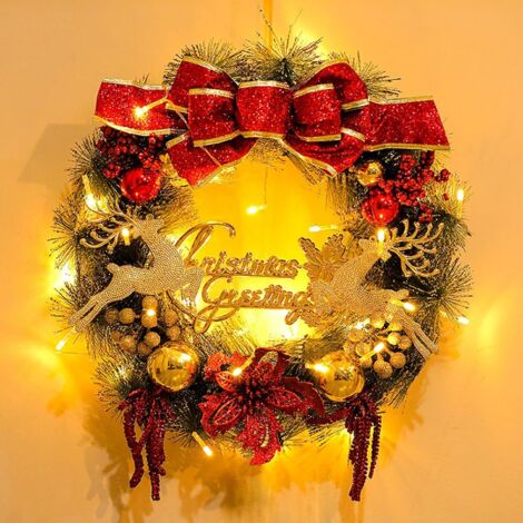 Couronne de Noël artificielle illuminée, couronne de porte d'entrée décorée d'un gros nœud rouge et de boules colorées, adaptée à la décoration de fenêtre intérieure et extérieure (1/4)