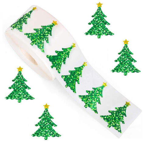 Lot de 5 rouleaux d'autocollants pour sapin de Noël, motif sapin vert laser, imperméables, adaptés aux enveloppes, agendas, décorations de fête (1/4)