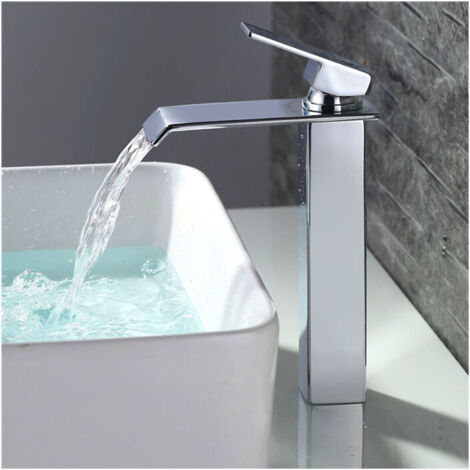 Robinet de salle de bain à cascade, mitigeur pour lavabo avec bec haut, robinetterie pour vasque, chromé, design moderne (1/4)