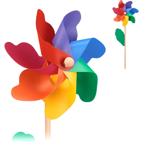 Relaxdays Moulin à vent lot de 2, décoration, pour enfants et adultes, jardin, balcon et terrasse, bois/PP, coloré