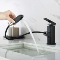 Rubinetto per lavabo estraibile Auralum nero con leva estraibile, miscelatore monocomando, rubinetto per bagno, rubinetto per lavabo in ottone, rubinetto per lavabo per bagno e cucina