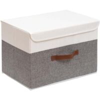 Contenitore portaoggetti pieghevole, cestino organizer a cubo, scatola in tessuto con coperchio, lavabile e manico in pelle, per casa, armadio, bianco/grigio, 33 x 23 x 20 cm, confezione da 1