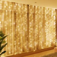 Rideaux lumineux 300 LED avec prise USB, 8 modes d'éclairage suspendus avec télécommande pour chambre à coucher, mariages, fêtes, décorations (9,8 x 9,8 pieds, blanc chaud)