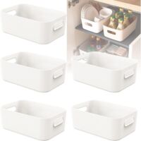 Lot de 5 petites boîtes de rangement blanches en plastique avec poignées, idéales pour les étagères, la cuisine, le bureau, le réfrigérateur, la salle de bain et l'organisation de la maison - 20,5 x 1