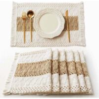 Un ensemble de 6 sets de table de style bohème, décorations de table tissées à la main, en toile de coton naturel, convenant aux cuisines et salles à manger (beige et marron).