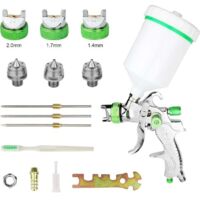 Pistolet à peinture pneumatique à gravité avec réservoir d'air de 600 cm³ et trois buses (1,4 mm, 1,7 mm, 2,0 mm). Outil professionnel idéal pour l'application d'apprêt, de vernis et de peinture.