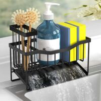 Porte-éponge pour évier de cuisine avec porte-brosse et bac d'égouttage, distributeur de savon en acier inoxydable