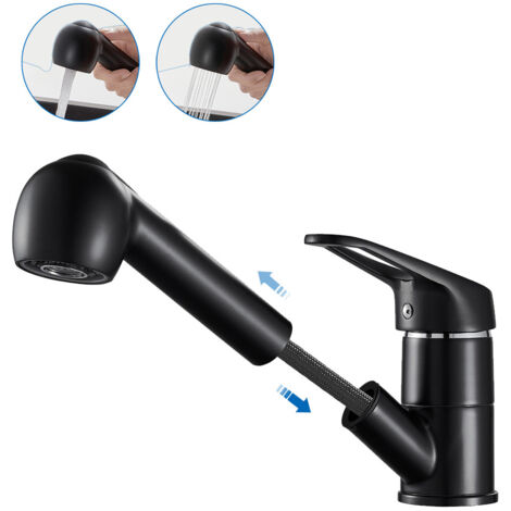 Auralum Robinet de Cuisine Noir avec 50CM Douchette Extractible Mitigeur Cuisine à 2 Jets Eau Froide et Chaude Mélangeur de Evier Cuisine
