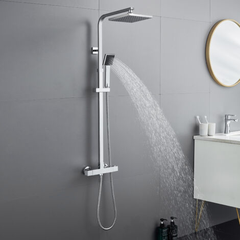 Auralum Colonne de Douche Thermostatique Réglable en Hauteur Ensemble de Douche Avec Tête de Douche Carré de 10 Pouces, Système de Douche Corps en Laiton, Chromé