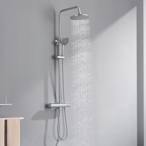 Auralum Colonne de Douche Thermostatique Ensemble de Douche Ronde en Laiton Système de Douche Hauteur Réglable 84 - 121 cm Set de Douche Douchette avec 3 Jets D’eau Chromé