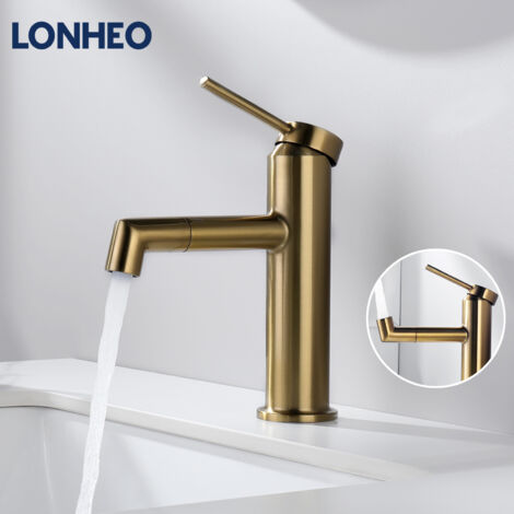 Robinet Salle Bain Pivotant à 360°, Lonheo Mitigeur Lavabo Économie D'eau, Robinet Lave Main avec Bec Hauteur 97.5 mm, Eau Chaude et Froide Disponible (Doré)