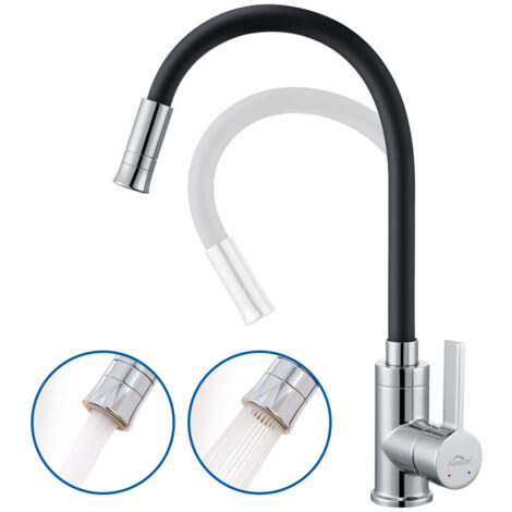 Auralum – Mitigeur de cuisine flexible 2 jets – Bec haut orientable 360° – Laiton durable avec finition noire – Installation facile (1/5)