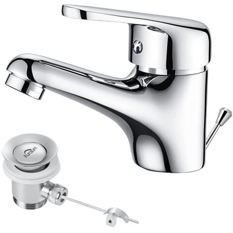 Auralum Mitigeur Lavabo Monotrou avec Tirette de Vidage, Bonde Incluse, Robinet Salle de Bain Chromé S, Robinetterie en Laiton Mousseur Démontable