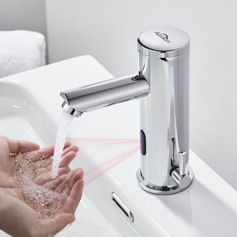 Auralum Rubinetto Automatico con Sensore ad Infrarossi Miscelatore Acqua Calda e Fredda per Lavabo Bagno, Rubinetto a Infrarossi per lavello funzionamento a batteria, Finitura Cromo