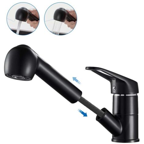 Rubinetto da cucina Auralum nero con doccetta estraibile da 50 cm, miscelatore da cucina a doppio getto, acqua calda e fredda, miscelatore per lavello da cucina
