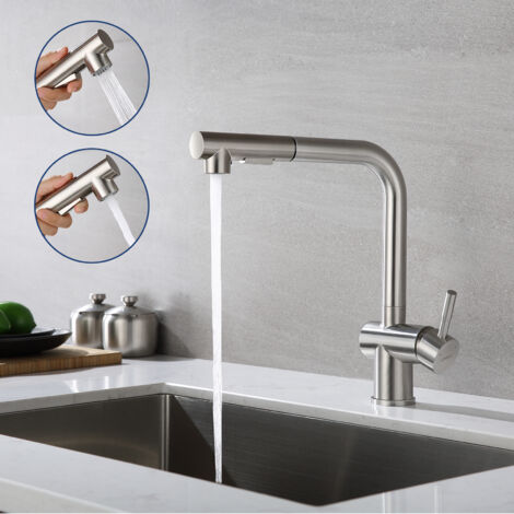 Rubinetto da Cucina Girevole a 360, Rubinetto Cucina Estraibile in Acciaio Inossidabile, Miscelatore Monocomando per Cucina Lavello, Acqua Calda e Fredda Regolabile