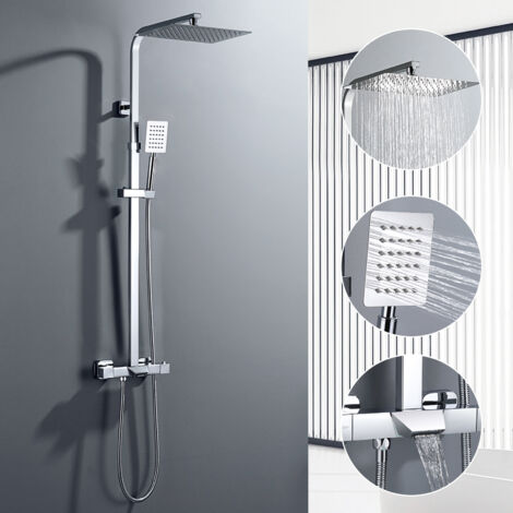 Auralum Juego de ducha, sistema de ducha, grifo mezclador termostático, sistema de ducha de 3 funciones con ducha, grifería de ducha, juego de ducha (tubo de ducha regulable 98,5-129,5 cm)
