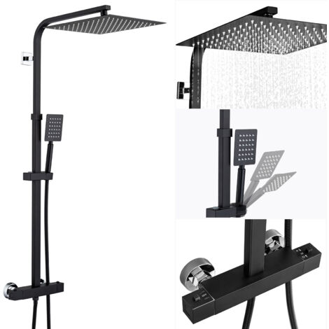 AuraLum - Columna de ducha termostática de 2 funciones con cabezal ultrafino de 15.7 pulgadas, sistema de ducha para baño, diseño moderno, altura ajustable, negro