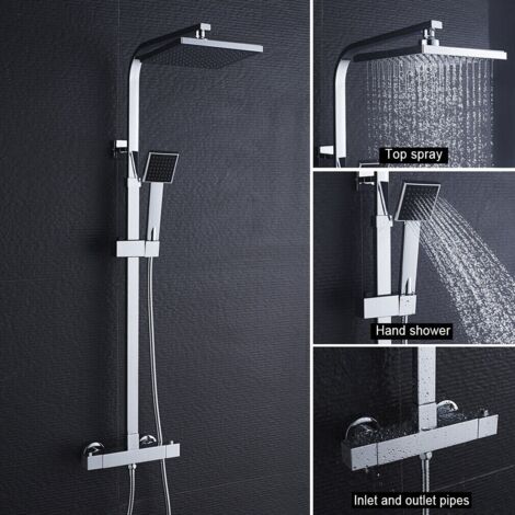Auralum – Columna de ducha termostática regulable 90-124 cm – 20 cm Cabezal cuadrado – Cuerpo de latón – Ducha de mano giratoria 180°