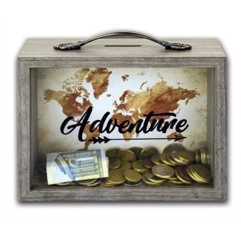 Tirelire - Adventure - Mappemonde - Bois - Vintage - 6,5x21 cm (1/2)