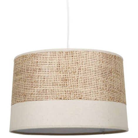 Suspension bi-matière tissu beige et rotin – Cordon d'alimentation blanc réglable – Douille E27 – Dimensions D. 33 x H. 22 cm – Ostaria (1/3)