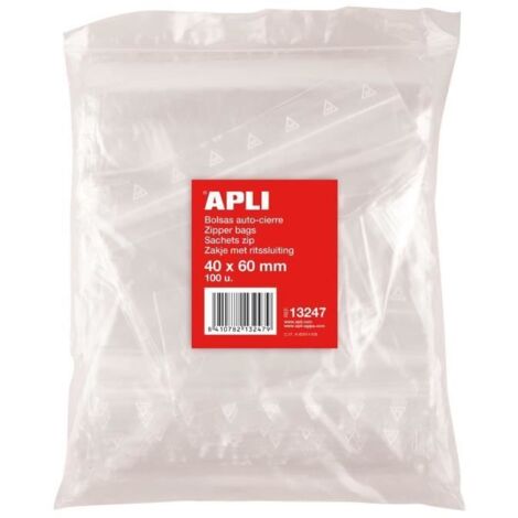 Sachets plastiques refermables - APLI - Pack 100 - 40 x 60 mm - PE 50µ - Fermeture sécurisée (1/2)
