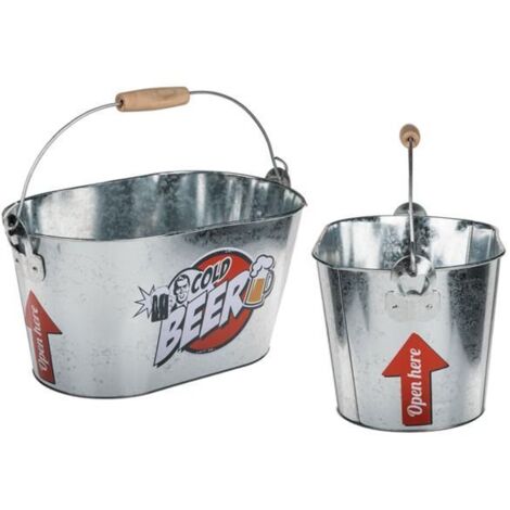 Out of the blue Seau Ovale en métal, Cold Beer,avec Anse & poignée en Bois, 2 ouvre-Bouteilles INCL, env. 26 x 13 cm, Silver, 26 x 13 x 4 cm