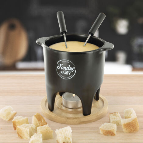 Service à fondue à la bougie pour 2 personnes – Porcelaine et bambou – Fonctionne avec bougie chauffe-plat – Diamètre 11,80 cm – Cook Concept - KC2488 (1/5)