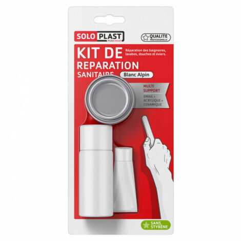 Kit de réparation sanitaire – Réparation baignoires, lavabos, douches, éviers – Support céramique, émail, acrylique – Blanc alpin RAL 9003 – Soloplast (1/2)