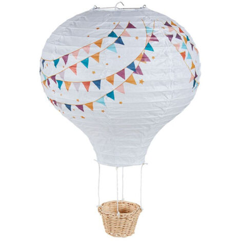 Suspension enfant montgolfière en papier blanc 30cm – Décoration aérienne avec panier en osier – Atmosphère féerique pour chambre – Ostaria