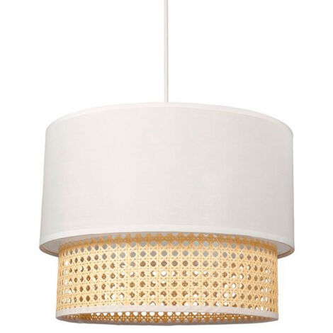 Suspension gigogne en cannage et tissu blanc – Dimensions 35x35x26 cm – Éclairage doux pour chambre et salon – Installation facile – Ostaria