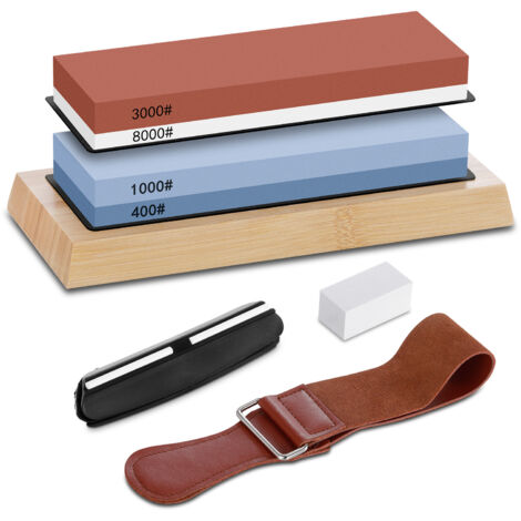 Decdeal Pierre à aiguiser,Kit Aiguisage Couteaux Professionnel,Grains 400/1000 & 3000/8000 + Guide,Angulaire Base Bambou Antidérapante (1/5)