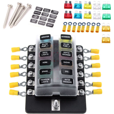 Boîte à fusibles 12 voies (bornes à vis) avec LED d'avertissement +10pcs Blocs de fusibles (10A2,15A2,20A2 25A2,30A2) +10 Bornes jaunes + Autocollants (1/5)