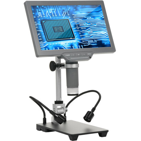 Microscope numérique avec écran IPS 10,1" Microscope numérique TV pour réparation électronique Microscope à pièces avec télécommande IR, câble USB, base et support métallique, Gris
