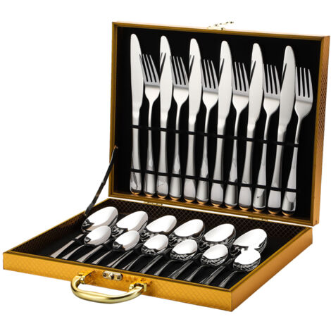 Ensemble de couverts 24 pièces, service de table en acier inoxydable pour 6 personnes avec étui de rangement de haute qualité pour la cuisine à domicile, le restaurant et l'hôtel, Argent