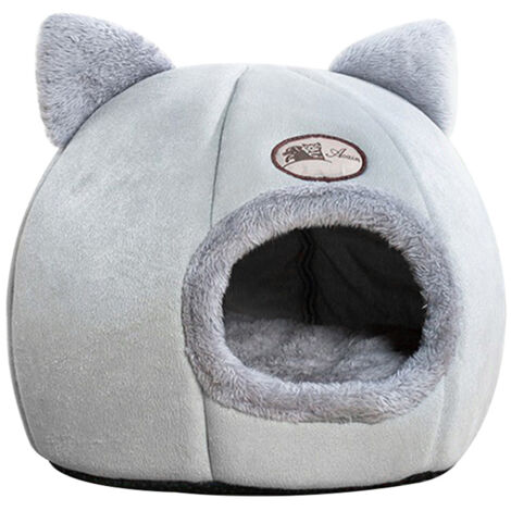 Lit de chat tête de chat lit de chien chaud semi-fermé lit de chaton,Gris, L