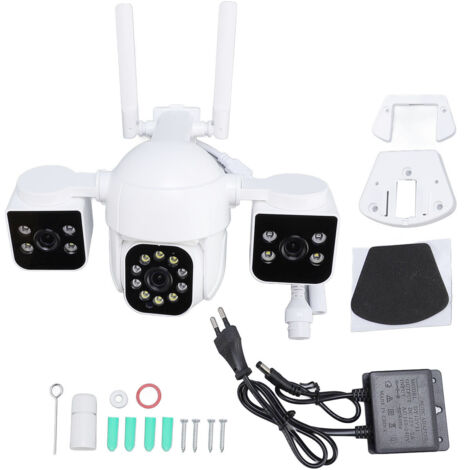 Decdeal Caméra de sécurité sans fil Trois lentilles 1MP HD 360 degrés Pan Inclinaison 2 voies Talk Outdoor Surveillance Construit sous Spotlight Alarm pour la maison (1/5)
