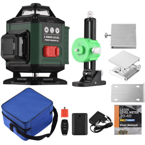 Niveau laser, 4 x 360 ° 16 lignes, niveau laser 3 °, outil de nivellement automatique, ligne horizontale verticale, étanche IP54, avec sac de transport et télécommande, Vert armée, prise UE (1/5)