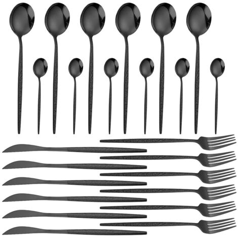 Ensemble d'argenterie 24 pièces pour 4 couverts en acier inoxydable, ensemble de vaisselle comprenant des fourchettes, des couteaux, des cuillères, ensemble de couverts, Ensemble de 24 pièces, Noir (1/5)