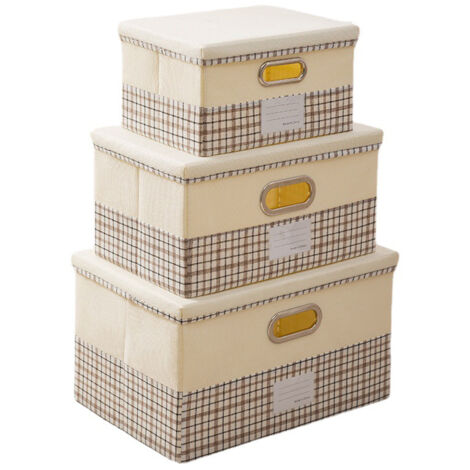 Bacs de rangement pliables avec couvercles, 3 pièces, boîtes de rangement pliables en coton et lin avec couvercles, organisateur de placard pliable avec couvercle, Plaid beige (1/5)