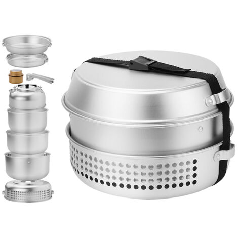 Réchaud à gaz à alcool en alliage d'aluminium, réchaud tempête coupe-vent de camping avec ensemble de casseroles et de poêles à frire, ensemble de réchaud de camping en plein air,Argent (1/5)