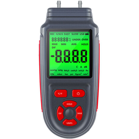 Manomètre numérique, testeur de pression d'air et de gaz à double port, manomètre différentiel avec écran LCD rétroéclairé, alimenté par batterie ou câble USB, prend en charge la mesure de la températ (1/5)