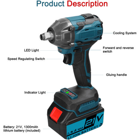 Decdeal Clé électrique domestique 21 V, moteur sans balais, couple élevé, outil électrique, dispositif d'installation pratique avec rotation avant et arrière, commutation de la lumière LED (1/5)