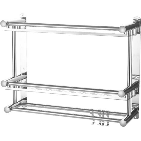 Étagère de salle de bain double couche 40 cm, porte-serviettes bipolaire + crochets amovibles4+ vis poinçonnées6+ tubes d'expansion6, couleur acier inoxydable épaissi (1/5)